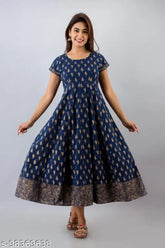 Navy cotton paisley print Anarkali Kurta with gold print, tassels, and round neck – Indian ethnic wear for women in size S-XXL